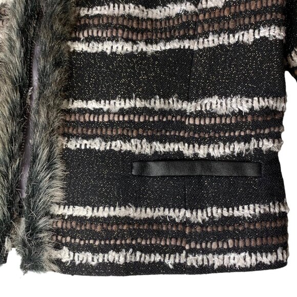 NWT Stella & Jamie Fur Trim Tweed Blazer Sz L Black White Striped Career Office - Picture 7 of 15